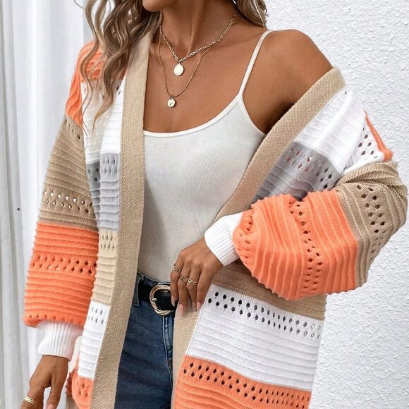 Multicolor Casual Womens Color Block Drop Shoulder Open Front Cardigan - Picture 2 of 5